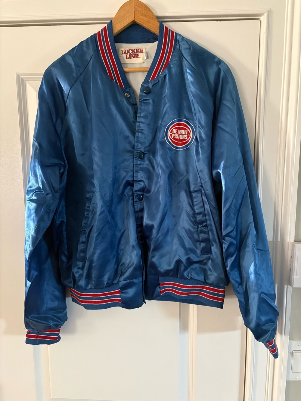 Vintage Locker Line Detroit Pistons NBA Satin Snap Jacket Men's Size Large Blue